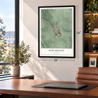Hoes Heights, Maryland map, 18 x 24 inch print in a black frame in a home office