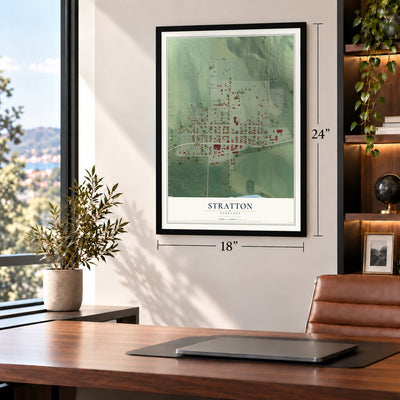 Stratton, Nebraska map, 18 x 24 inch print in a black frame in a home office