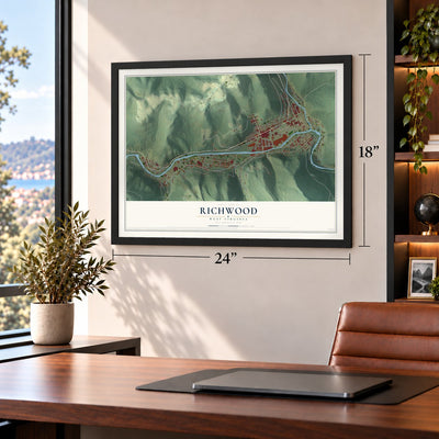 Richwood, West Virginia map, 18 x 24 inch print in a black frame in a home office