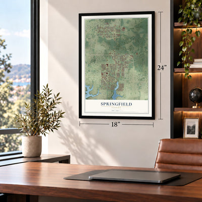 Springfield, Florida map, 18 x 24 inch print in a black frame in a home office