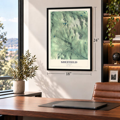 Sheffield, Vermont map, 18 x 24 inch print in a black frame in a home office