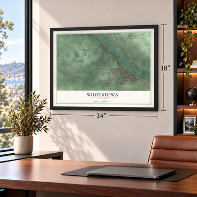 Whitestown, New York map, 18 x 24 inch print in a black frame in a home office