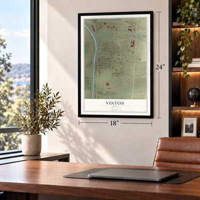 Vinton, Texas map, 18 x 24 inch print in a black frame in a home office