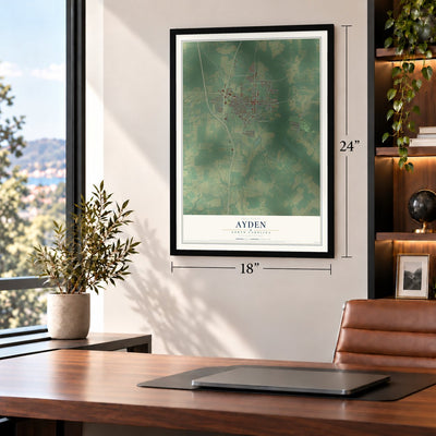 Ayden, North Carolina map, 18 x 24 inch print in a black frame in a home office