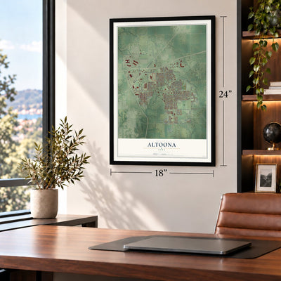 Altoona, Iowa map, 18 x 24 inch print in a black frame in a home office