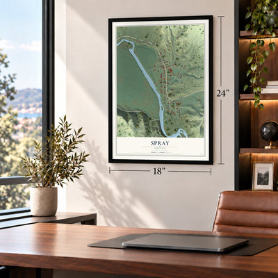 Spray, Oregon map, 18 x 24 inch print in a black frame in a home office