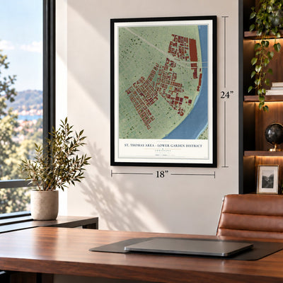 St. Thomas Area - Lower Garden District, Louisiana map, 18 x 24 inch print in a black frame in a home office