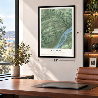 Chapman, Snyder County, Pennsylvania map, 18 x 24 inch print in a black frame in a home office