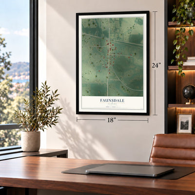 Faunsdale, Alabama map, 18 x 24 inch print in a black frame in a home office