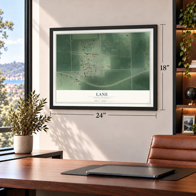 Lane, South Dakota map, 18 x 24 inch print in a black frame in a home office