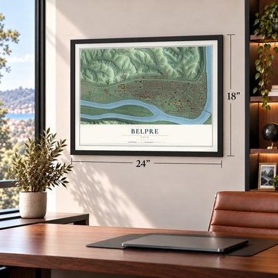 Belpre, Ohio map, 18 x 24 inch print in a black frame in a home office