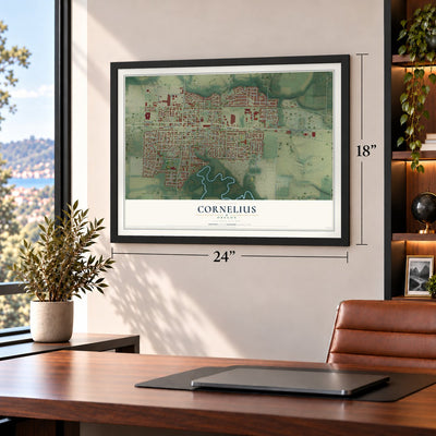 Cornelius, Oregon map, 18 x 24 inch print in a black frame in a home office