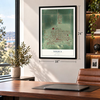 Toluca, Illinois map, 18 x 24 inch print in a black frame in a home office