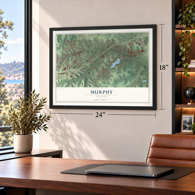 Murphy, Missouri map, 18 x 24 inch print in a black frame in a home office
