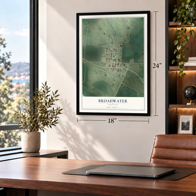 Broadwater, Nebraska map, 18 x 24 inch print in a black frame in a home office