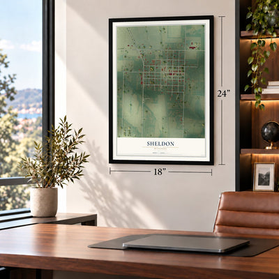 Sheldon, Missouri map, 18 x 24 inch print in a black frame in a home office