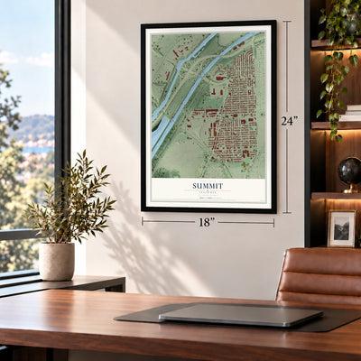 Summit, Illinois map, 18 x 24 inch print in a black frame in a home office