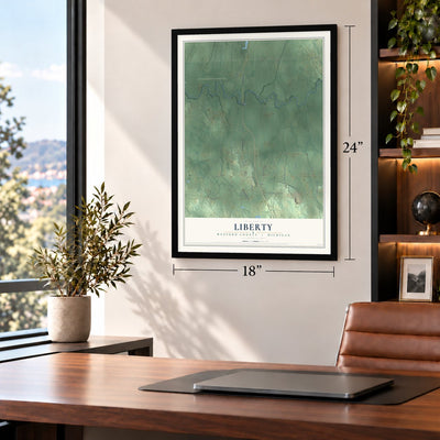 Liberty, Wexford County, Michigan map, 18 x 24 inch print in a black frame in a home office