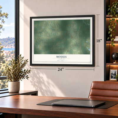 Mosses, Alabama map, 18 x 24 inch print in a black frame in a home office