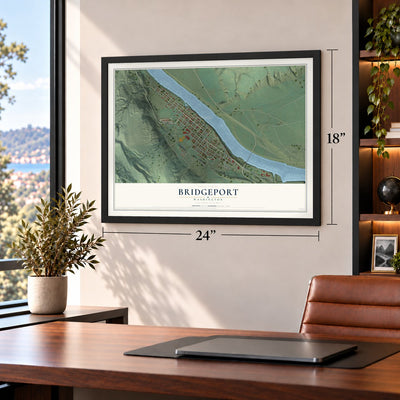 Bridgeport, Washington map, 18 x 24 inch print in a black frame in a home office