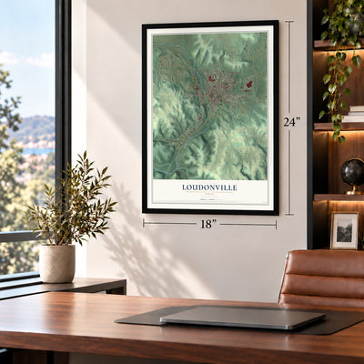Loudonville, Ohio map, 18 x 24 inch print in a black frame in a home office