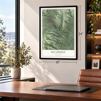 Hot Springs, South Dakota map, 18 x 24 inch print in a black frame in a home office