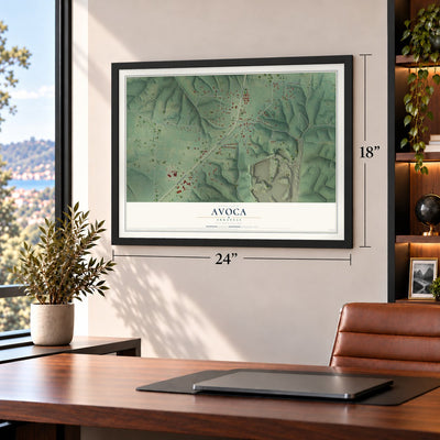 Avoca, Arkansas map, 18 x 24 inch print in a black frame in a home office