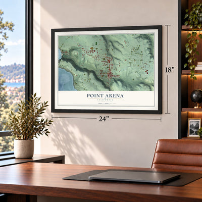 Point Arena, California map, 18 x 24 inch print in a black frame in a home office