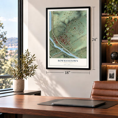 Bowmanstown, Pennsylvania map, 18 x 24 inch print in a black frame in a home office