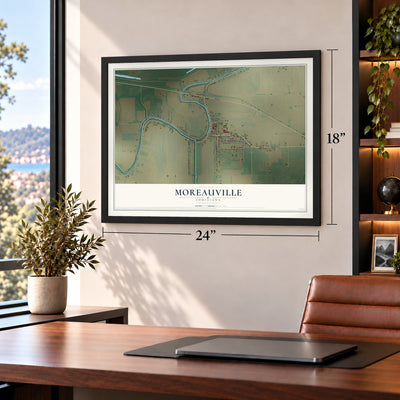 Moreauville, Louisiana map, 18 x 24 inch print in a black frame in a home office