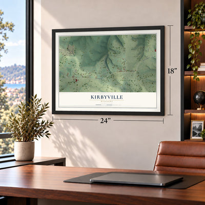 Kirbyville, Missouri map, 18 x 24 inch print in a black frame in a home office