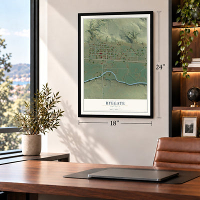 Ryegate, Montana map, 18 x 24 inch print in a black frame in a home office