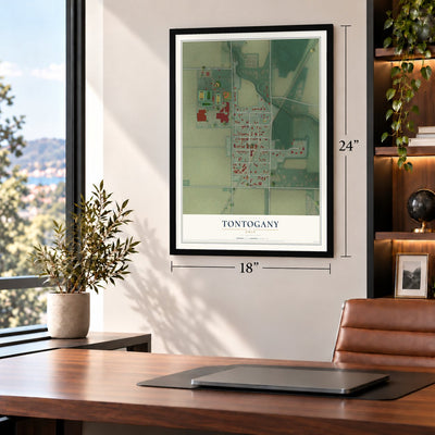 Tontogany, Ohio map, 18 x 24 inch print in a black frame in a home office