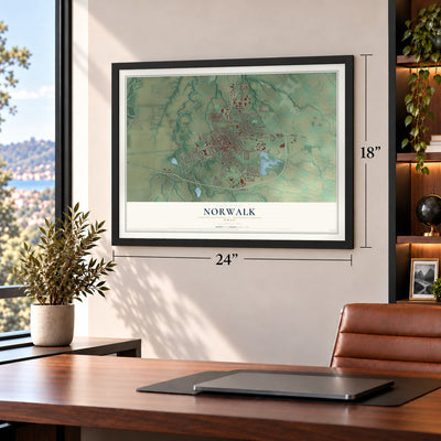 Norwalk, Ohio map, 18 x 24 inch print in a black frame in a home office