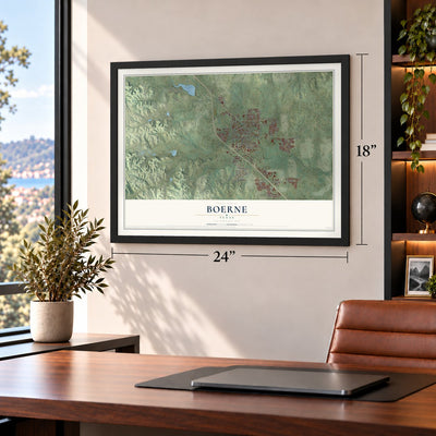 Boerne, Texas map, 18 x 24 inch print in a black frame in a home office