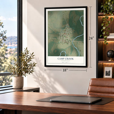 Camp Crook, South Dakota map, 18 x 24 inch print in a black frame in a home office