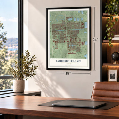 Lauderdale Lakes, Florida map, 18 x 24 inch print in a black frame in a home office