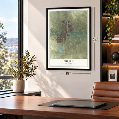 Pueblo, Colorado map, 18 x 24 inch print in a black frame in a home office