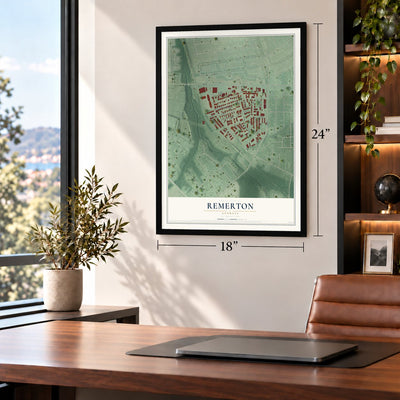 Remerton, Georgia map, 18 x 24 inch print in a black frame in a home office