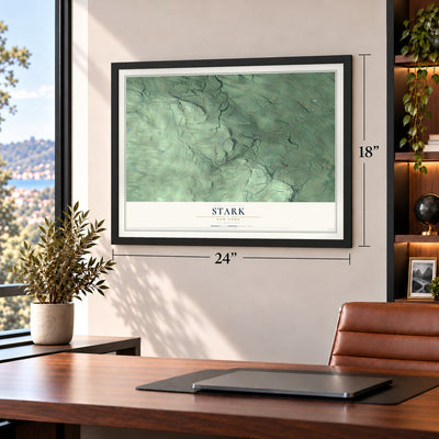 Stark, New York map, 18 x 24 inch print in a black frame in a home office