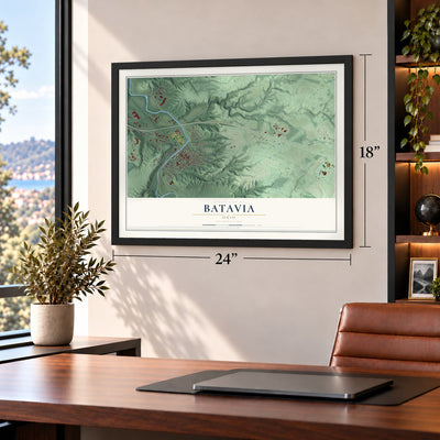Batavia, Ohio map, 18 x 24 inch print in a black frame in a home office