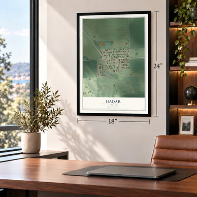 Hadar, Nebraska map, 18 x 24 inch print in a black frame in a home office