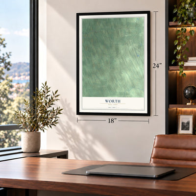 Worth, New York map, 18 x 24 inch print in a black frame in a home office