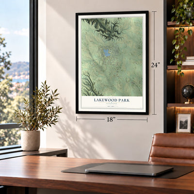 Lakewood Park, Tennessee map, 18 x 24 inch print in a black frame in a home office