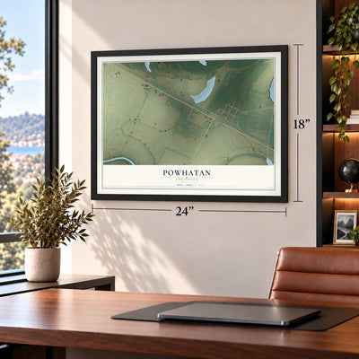 Powhatan, Louisiana map, 18 x 24 inch print in a black frame in a home office