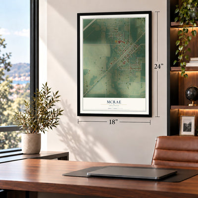 McRae, Arkansas map, 18 x 24 inch print in a black frame in a home office