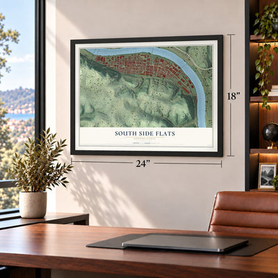 South Side Flats, Pennsylvania map, 18 x 24 inch print in a black frame in a home office