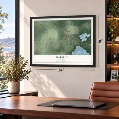 Darwin, Minnesota map, 18 x 24 inch print in a black frame in a home office
