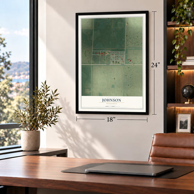 Johnson, Minnesota map, 18 x 24 inch print in a black frame in a home office
