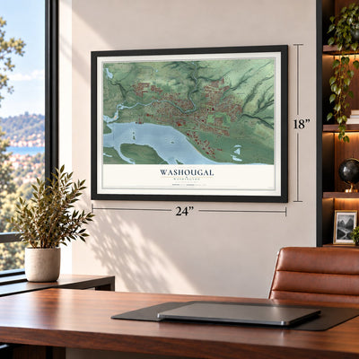 Washougal, Washington map, 18 x 24 inch print in a black frame in a home office
